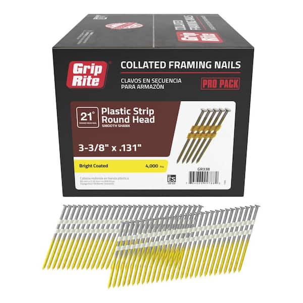 Grip-Rite 3-3/8 in. x 0.131 in. Plastic Collated Bright Coated Round Head Smooth Shank Nails 4000 per Box