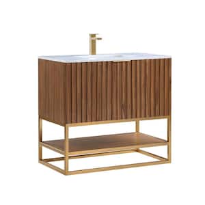 Terra 36 in. W x 22 in. D x 34 in. H Bath Vanity in Walnut and Brass with Marble Vanity Top in White with White Basin