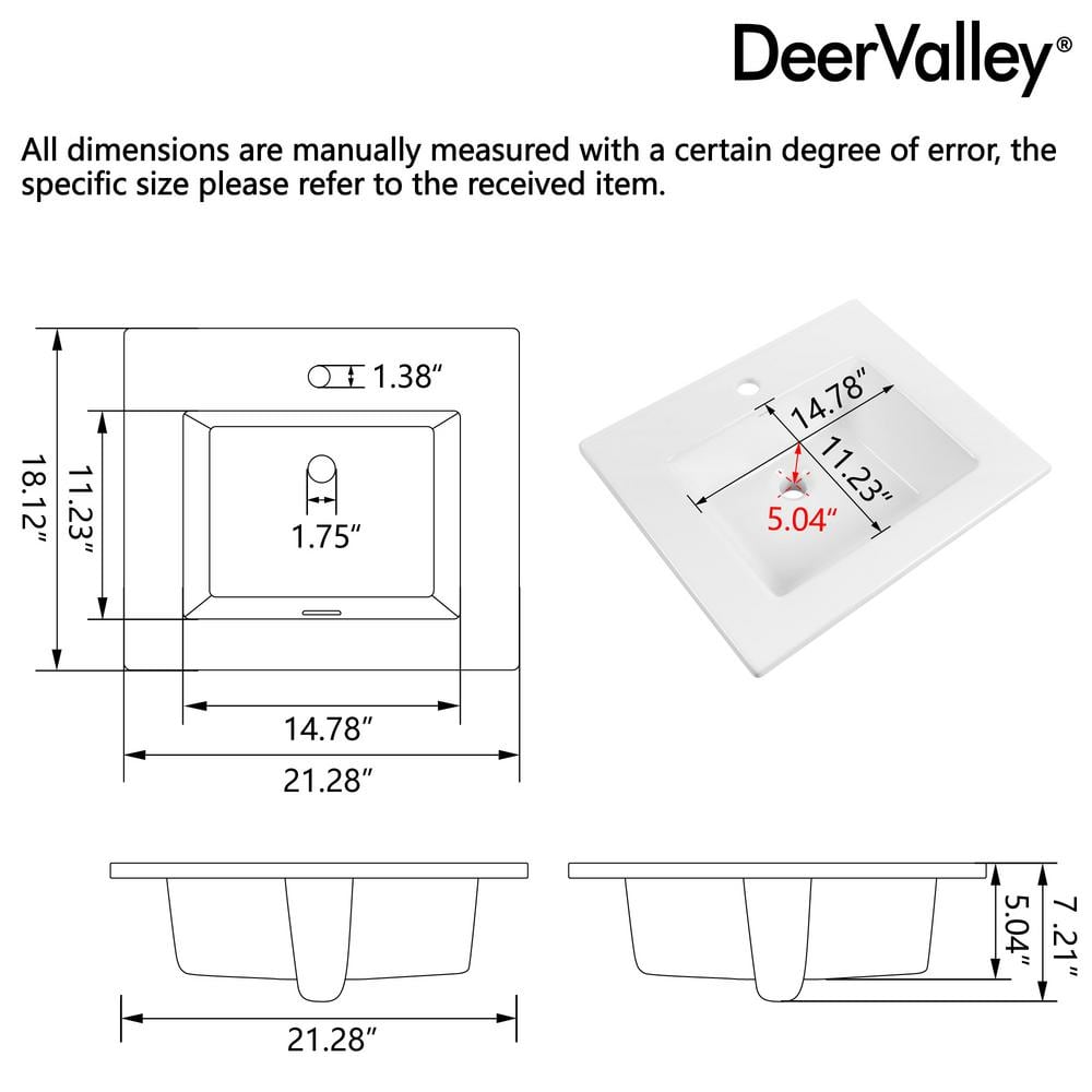 21'' White Rectangular Ceramic Drop-In Bathroom Sink