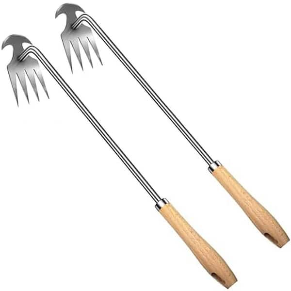 16 in. Weeder 4 Teeth Stainless Steel Hand Tool with Wooden Handle for Effortless Gardening 2 Pack