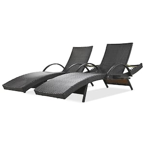 Dark Brown Outdoor Wicker Recliner Coffee Chair with Pull Out Side Table Adjustable Back, Set of 2