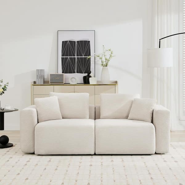 80.32 in. Width Modern Beige Corduroy Velvet Loveseat with Two Pillows for Living in Beige