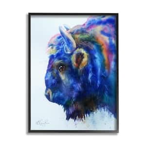 Unique Vibrant Blue Bison Painting Bold Design by MB Cunningham Framed Animal Art Print 14 in. x 11 in.