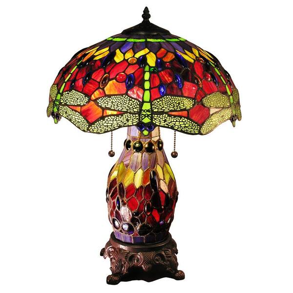 Warehouse of Tiffany Zurie 23 in. Bronze Double-Lit Table Lamp with Red Dragonfly Shade