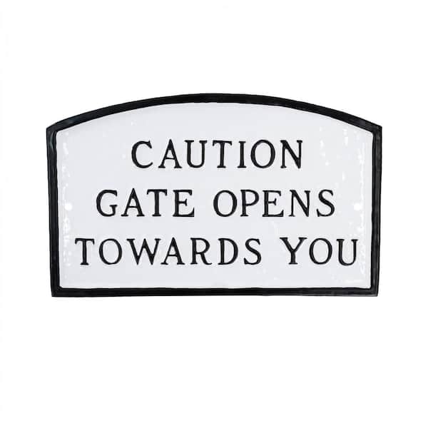 Montague Metal Products 10 in. x 15 Standard Arch Caution Gate Opens Towards You Statement Plaque Sign - White/Black
