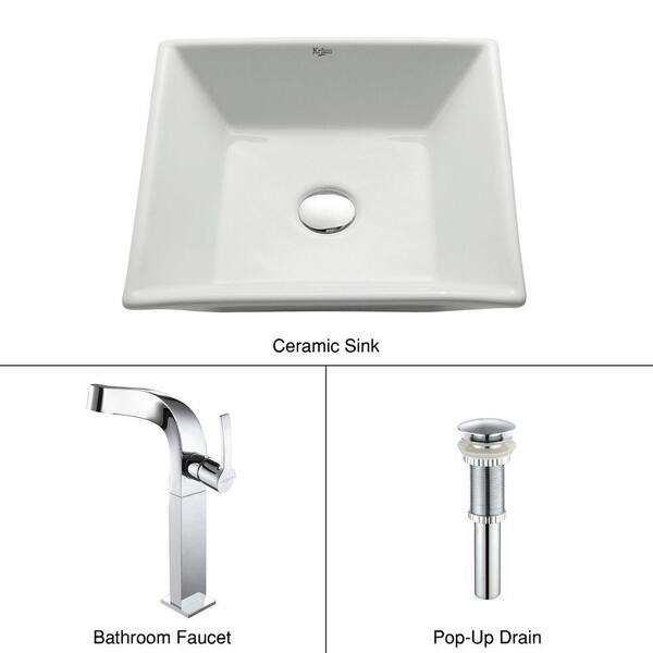 KRAUS Flat Square Ceramic Vessel Sink in White with Typhon Faucet in Chrome