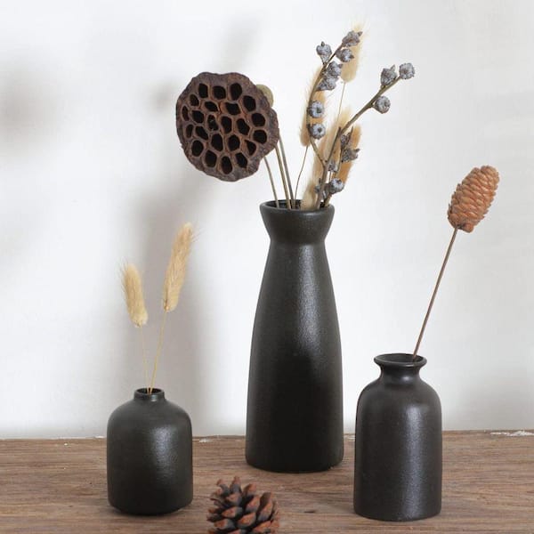 8.3 in. H Cylinder Black Ceramic Decorative vase Set-3, Small vase