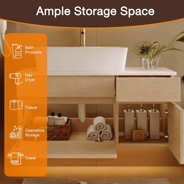 31.5 in. Single Sink Wall Mounted Wood Bath Vanity with White Wood Top and Ceramic Vessel Sink (Self Assembly Needed)