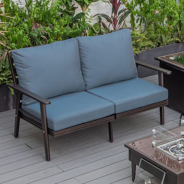 Leisuremod Walbrooke Brown 1-Piece Metal Outdoor Loveseat with Navy Blue Cushions