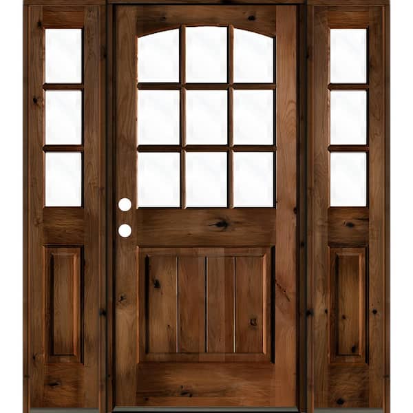 64 in. x 80 in. Knotty Alder Right-Hand/Inswing 9-Lite Clear Glass Provincial Stain Wood Prehung Front Door/Sidelites
