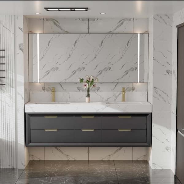 Wenlorin 60 in. Double Sinks Floating Black Bath Vanity with White Engineered Marble Top Pre-assembled