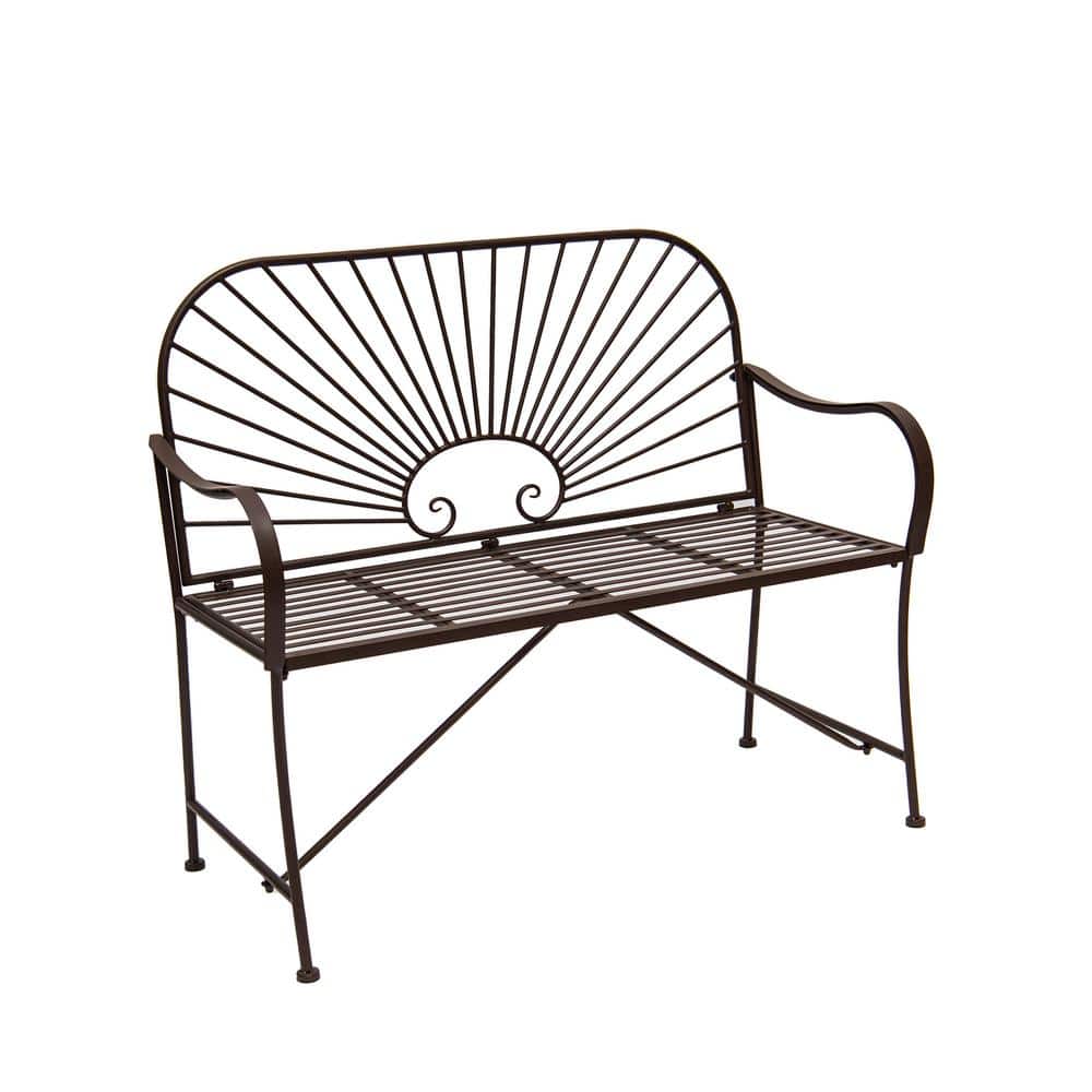 44-Inch Brown Iron Sun-Patterned Garden Bench