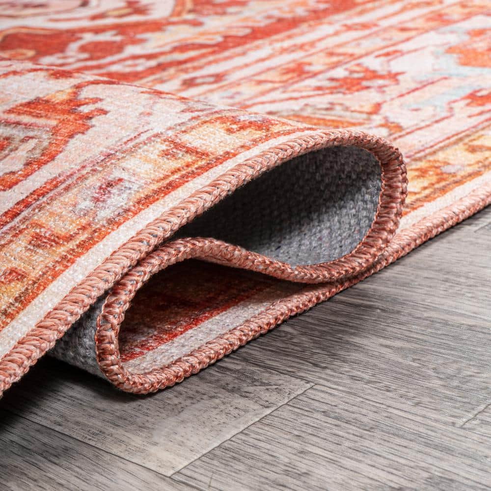 Ornate Medallion Washable Orange and Cream Synthetic Runner Rug