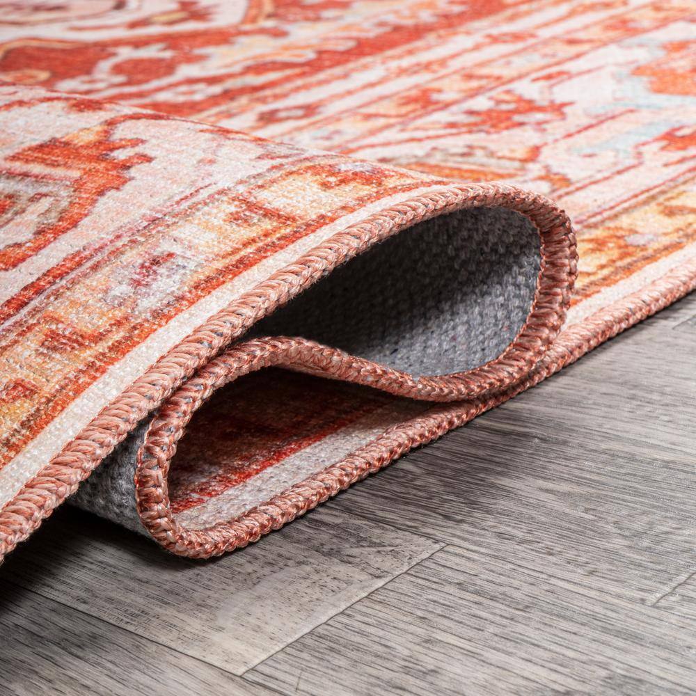 Asa Ornate Medallion Washable Orange and Cream 9' x 12' Synthetic Area Rug