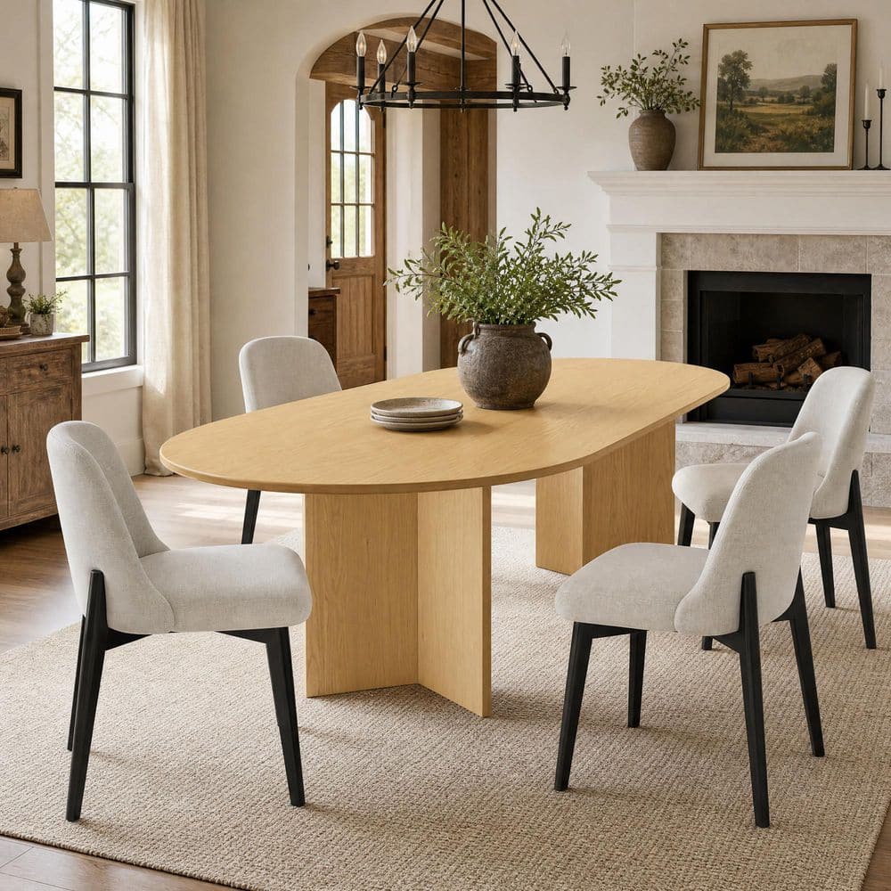 5-Piece Modern Oval Natural Wood Top 67 in. Double Pedestal Base Dining Table Set Seats 4