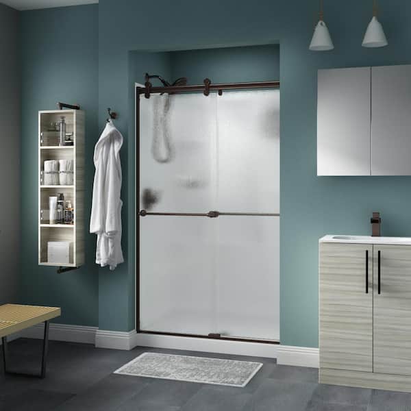 Delta Crestfield Contemporary 43-3/8 to 47-3/8 in. W x 71 in. H Frameless Sliding Shower Door, Bronze, Rain Glass