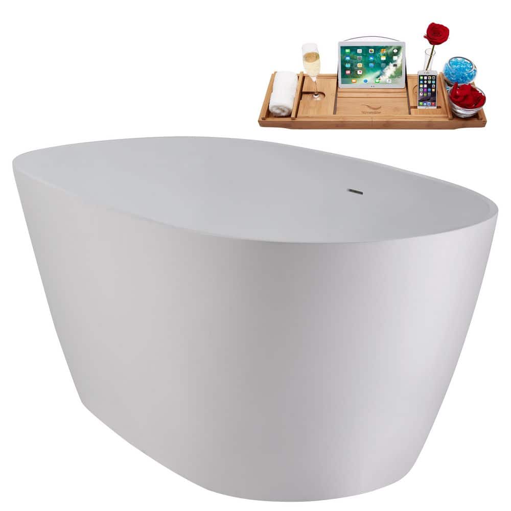 67" Matte White Stone Resin Freestanding Soaking Tub with Chrome Drain