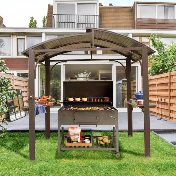 Sandgo 8 ft. x 5 ft. Hardtop Steel Frame BBQ Grill Gazebo in Brown with Double Galvanized Steel Roofs and 2 Side Shelves