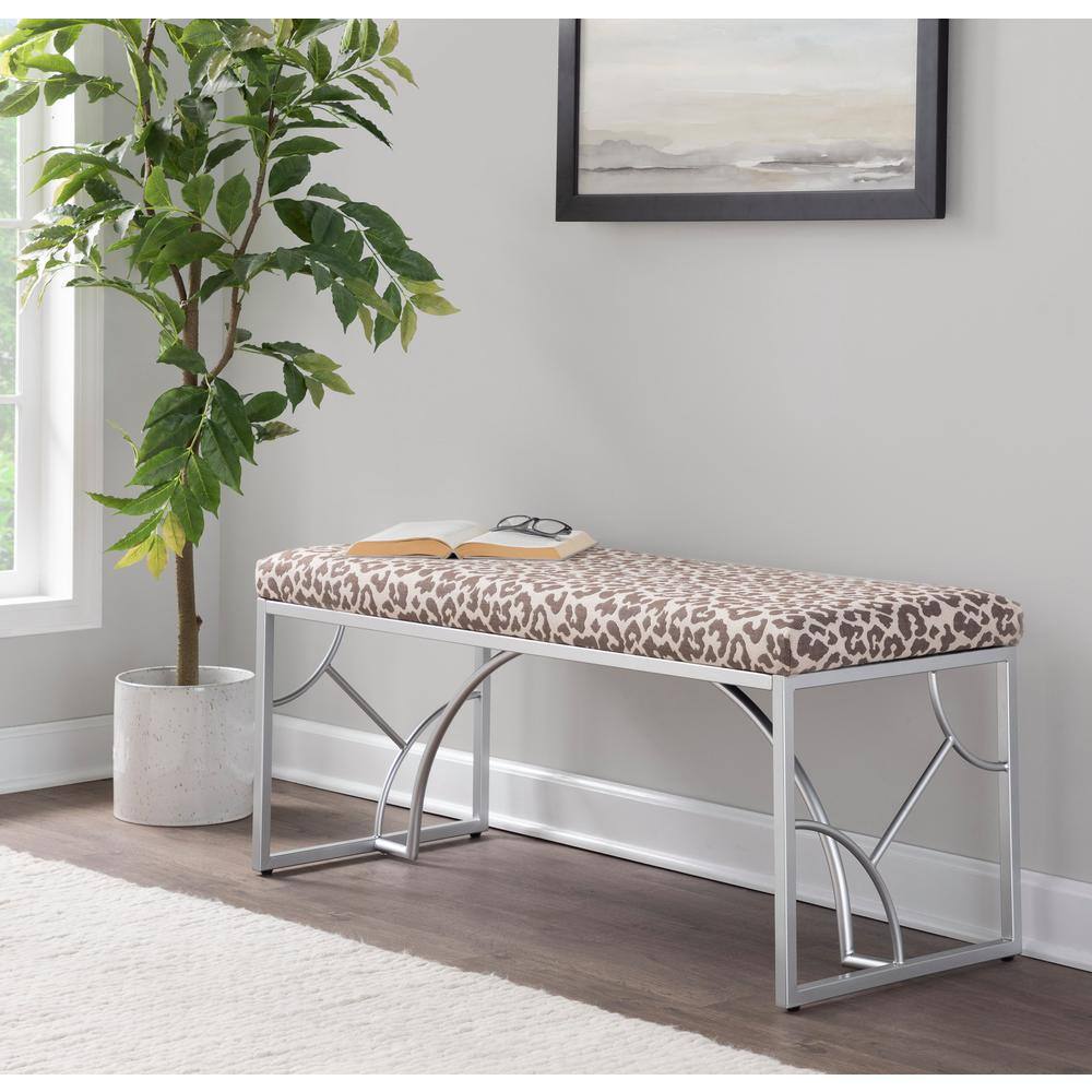 Silver Metal Beige Leopard Print Fabric Bench