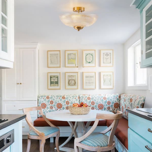 15.8 in. 3-Light Modern Brass Bowl Semi Flush Mount Light with Prismatic Glass Shade