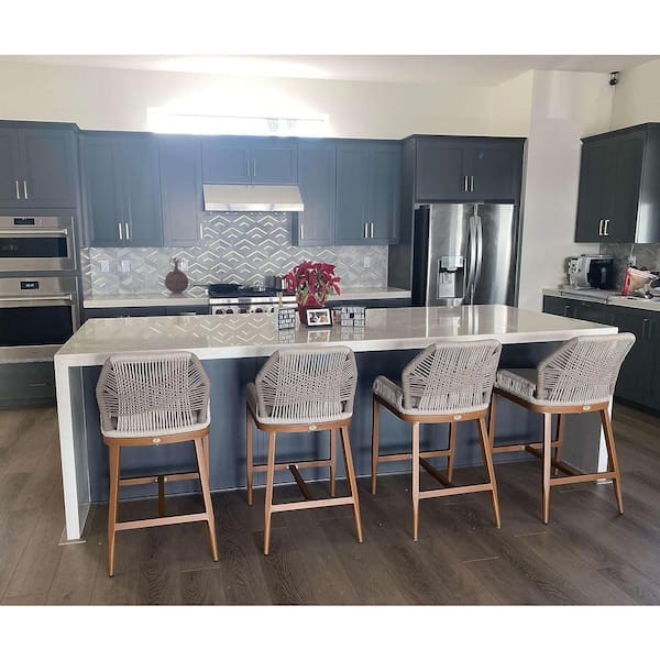 PURPLE LEAF Modern Aluminum Twill Wicker Woven Counter Height Outdoor Bar Stool with Back and Beige Cushion (4-Pack)