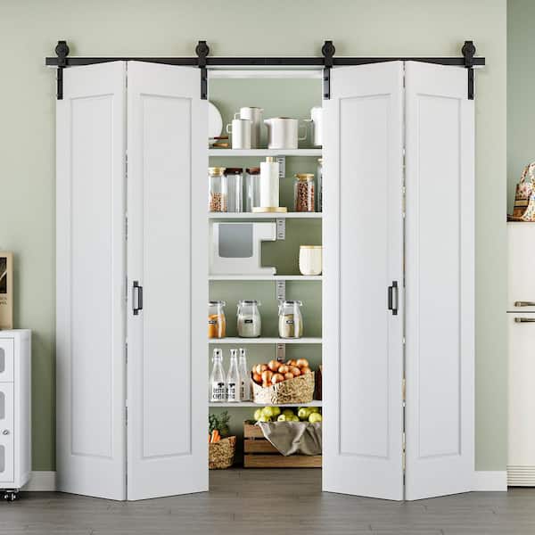 84 in. x 84 in. Easy Install 1-Panel White Primed MDF Composite Bi-Fold Sliding Barn Door with Hardware Kit and Handle