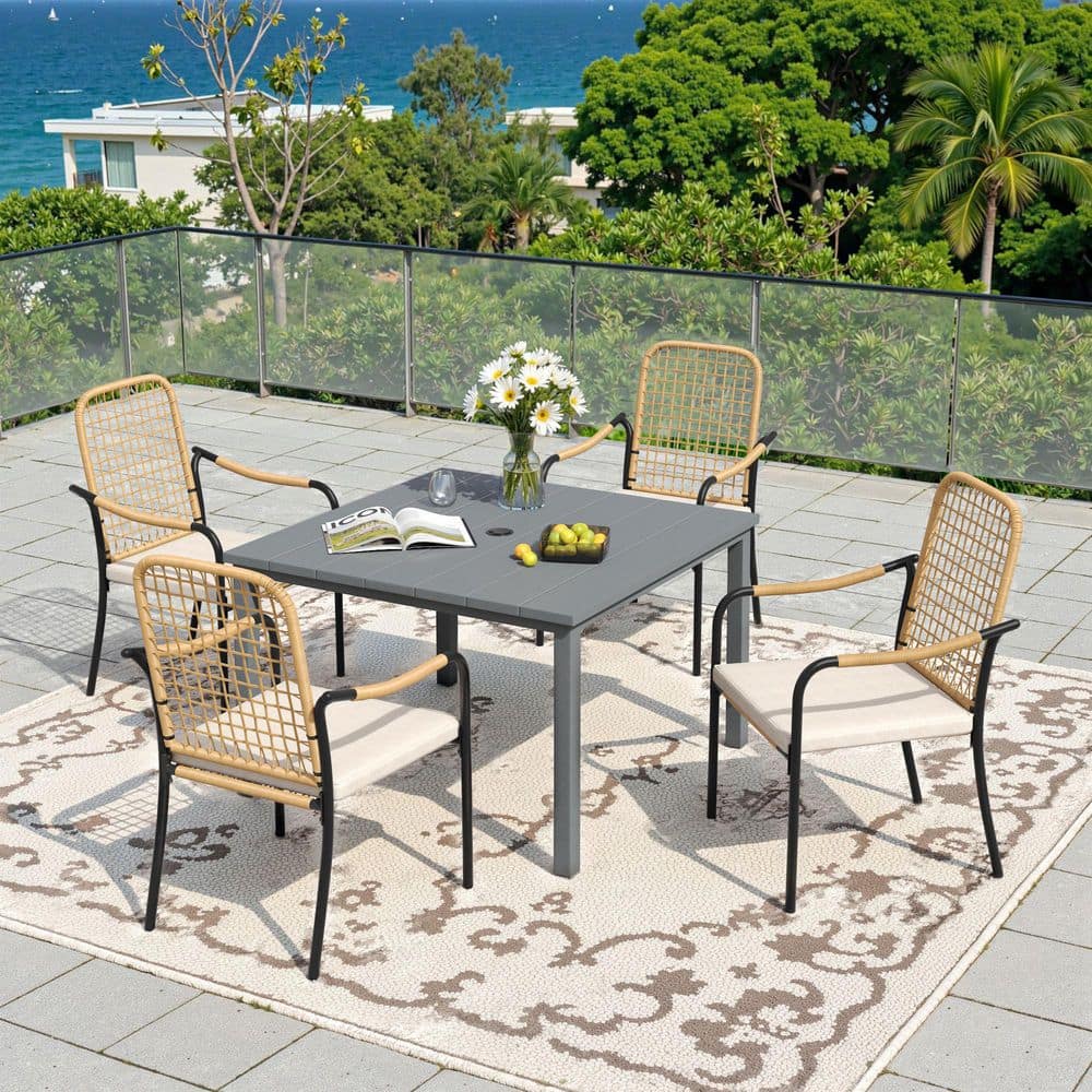 5-Piece Metal Outdoor Dining Set with 40.2 in. Gray Square Dining Table and 4 Wicker Dining Chairs with Beige Cushions price history on PriceWatchPro