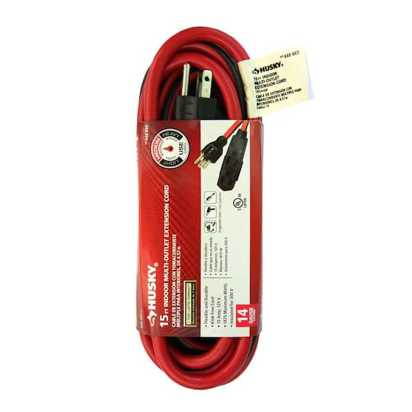 Husky 15 ft. 14/3 Medium Duty Indoor Multi-Outlet Extension Cord, Red/Black