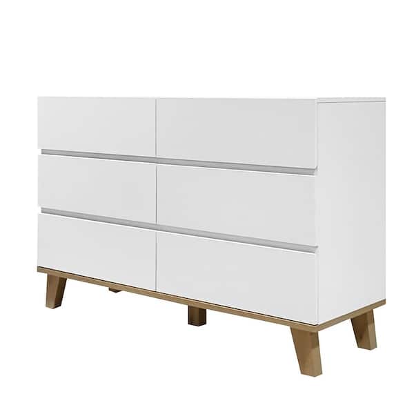 6 Drawer White Dresser,47.2" Chest of Dressers,Handle-Free Storage Chest,Drawer Cabinet with Solid Wood Legs in White