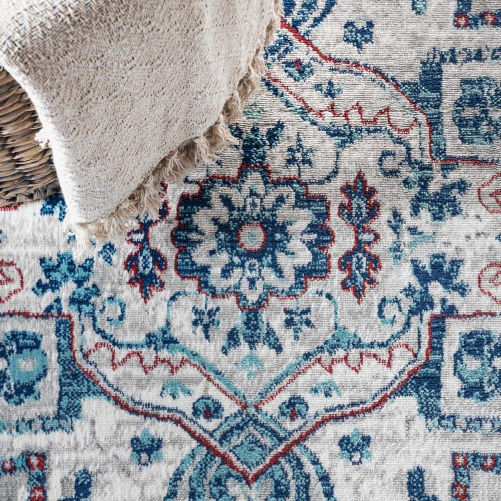 Modern Persian Medallion Light Grey/Blue Synthetic Area Rug
