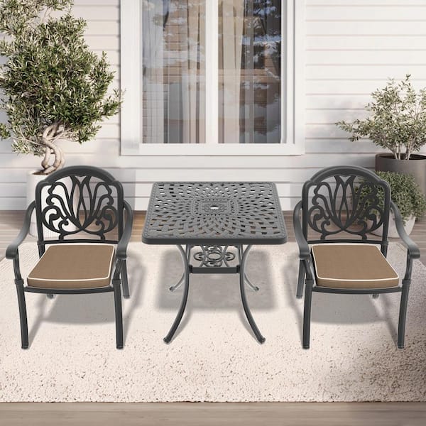 Willit Elizabeth Black 3-Piece Cast Aluminum Outdoor Dining Set with Square Table and Dining Chairs with Random Color Cushion