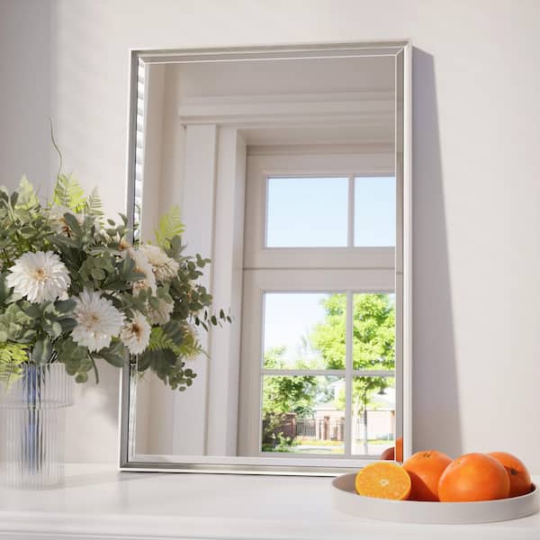 16 in. W x 24 in. H Framed Brushed Nickel Mirrors for Bathroom Wall Beveled Mirror Bathroom Vanity Mirror Over Sink