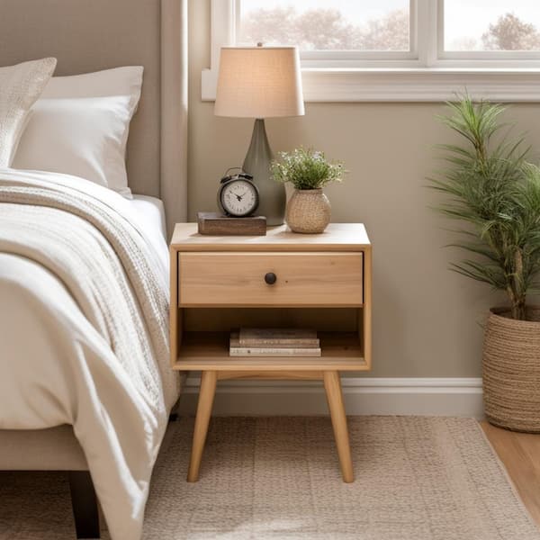 Walker Edison Furniture Company 1-Drawer Natural Pine Solid Wood Mid Century Modern Nightstand (24 in. H x 20 in. W x 14 in. D)