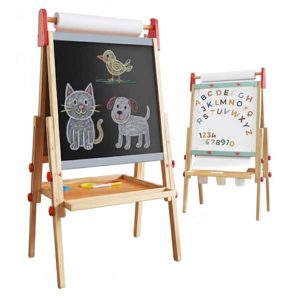 1 Piece 3-in-1 Adjustable Wooden Kids Art Easel with Chalkboard, Magnetic Whiteboard and 400" Paper Roll