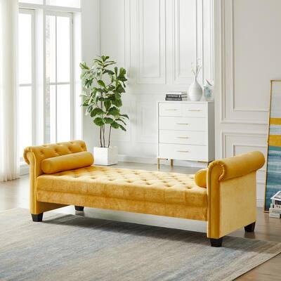 Yellow Velvet 2-Rolled Arm Chaise with 2-Cylindrical Pillows