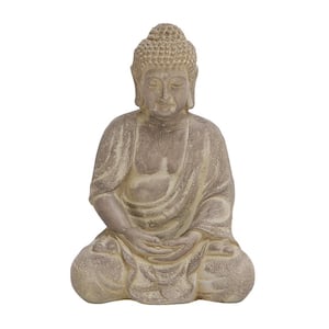 Beige Ceramic Meditating Buddha Sculpture with Engraved Carvings and Relief Detailing