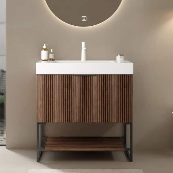 30 in. Single Sink Freestanding Plywood Walnut Bath Vanity with White Acrylic Top (Assembled)