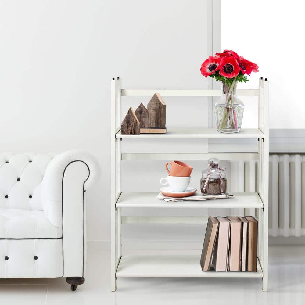 Elegant White Solid Wood 3-Shelf Stackable Folding Bookcase
