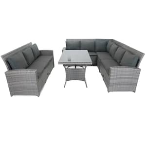 5-Piece Gray Wicker Outdoor Sectional Set Conversation Set with 3 Storage Under Seat and Dark Gray Cushions 9 Seats