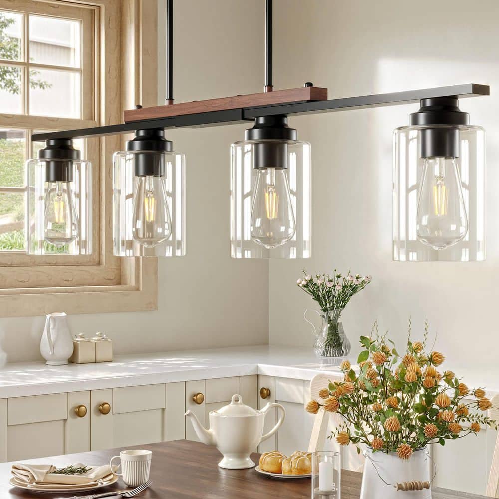 60-Watt 4 Light Matte Black Kitchen Island Linear Pendant Light Fixture with Clear Glass Shade price history on PriceWatchPro