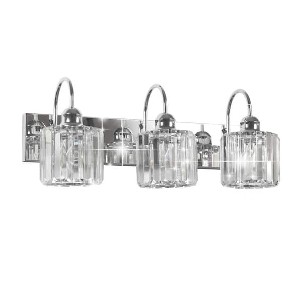 ExBrite Merrin 23.1 in. 3-Lights Crystal Chrome Bathroom Vanity Light with Shade