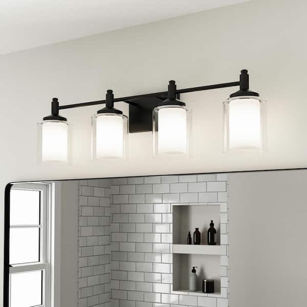 DSI LIGHTING Jaylin 30.75 in. 4-Light Matte Black Vanity Light with Clear and Frosted Glass Shades