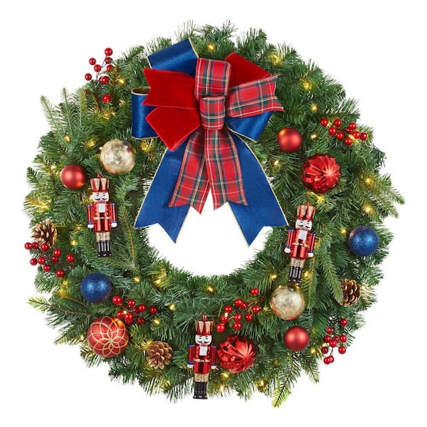 30 in Festive Nutcracker Battery Operated Mixed Pine LED Pre-Lit Wreath with Timer