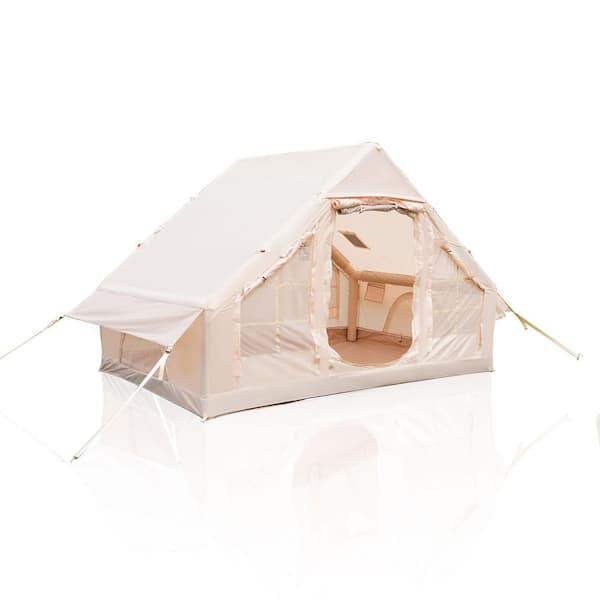 10 ft. x 7 ft. Beige Inflatable Camping Tents with Hand Pump Air Glamping Tents 4-Seasons Tent with Mesh Chimney Window