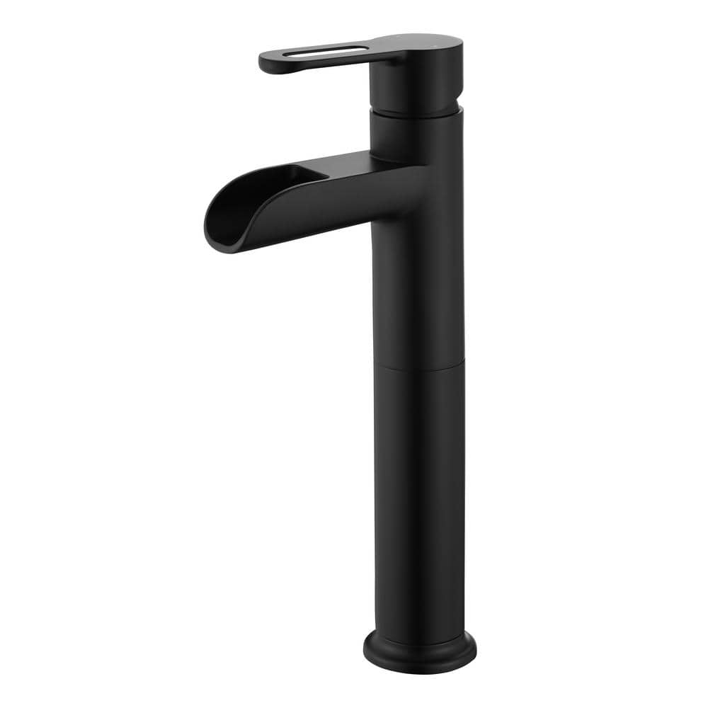 LUXIER Waterfall Single Hole Single Handle Bathroom Vessel Sink Faucet with Drain in Matte Black