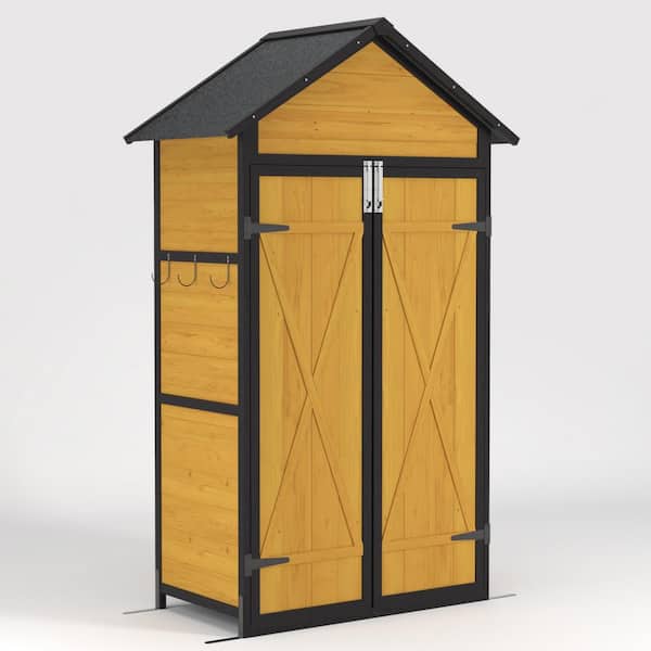 40 in. W x 23 in. D x 69.5 in. H Brown Solid Fir Wood Outdoor Storage Cabinet with Waterproof Roof and Hooks