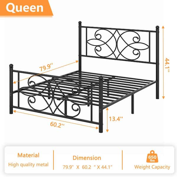 Victorian Style Bed Black Metal Frame Queen Platform Bed with Headboard and Footboard, Heavy Duty Mattress Foundation