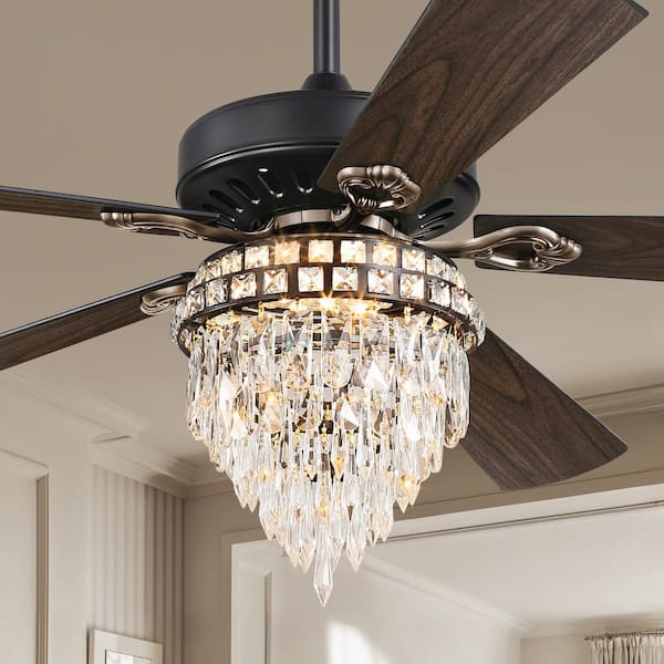 MOKSILED 60 in. Black Indoor 3-Color LED Farmhouse Fandelier Crystal 6-Speed Ceiling Fan with Lights and Remote Control Included