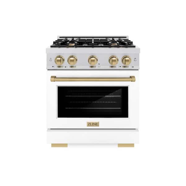 Autograph 30 in. Select Dual Fuel Range with 4 Burners and Convection Oven in Satin Steel with White and Bronze Accents