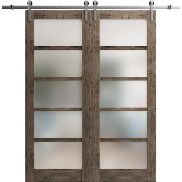Sartodoors 18 in. x 96 in. 2 Panel Frosted Glass Cognac Oak Solid MDF Sliding Barn Door with Hardware Kit